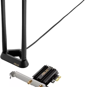 کارت توسعه ASUS WiFi 6EBluetooth 5.2 PCI-E (PCE-AXE58BT) - پشتیبانی از باند 6 گیگاهرتز، WPA3، 160 مگاهرتز، امنیت شبکه WPA3، OFDMA و MU-MIMO، آنتن خارجی، پایه مغناطیسی، تاخیر بسیار کم