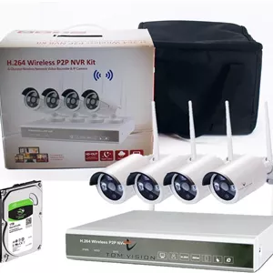 کیت کامل دوربین مداربسته بی سیم 4 کانال Tomvision P2P با NVR وای فای 4CH، ضد آب، دید در شب IR 1080P با هارد دیسک 1 ترابایتی و 1 عدد آنتن