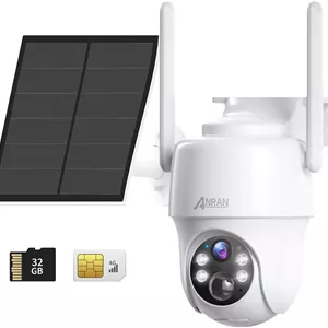 دوربین امنیتی خورشیدی 3G/4G LTE با قابلیت چرخش 360 درجه ANRAN، دوربین امنیتی 2K بدون نیاز به وای فای، دوربین باتری دار مناسب فضای باز، شامل سیم کارت و کارت حافظه SD 32 گیگابایتی، تشخیص حرکت PIR، دید در شب رنگی، صدای دو طرفه، G1 سفید