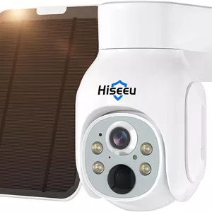 دوربین امنیتی خورشیدی Hiseeu، دوربین باتری دار بی سیم 4 مگاپیکسلی، دید 360 درجه PTZ، تشخیص حرکت PIR، دید در شب رنگی، IP66، صدای دو طرفه، WiFi 2.4G، سازگار با الکسا...