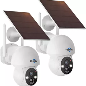 دوربین امنیتی خورشیدی Hiseeu، دوربین وای فای بی سیم 4 مگاپیکسلی 2 عددی برای فضای باز، دید 360 درجه PTZ، تشخیص حرکت PIR، دید در شب رنگی، IP66، صدای دو طرفه، وای فای 2.4G، بدون هزینه اشتراک ماهانه