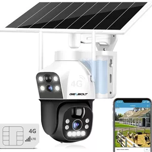 دوربین مداربسته خورشیدی سیم کارت خور 3G/4G LTE جن‌بولت، دوربین نظارتی بی‌سیم فضای باز با باتری 8 وات 15600 میلی‌آمپر ساعت، دوربین مداربسته دو لنز با نورافکن و کارت سیم