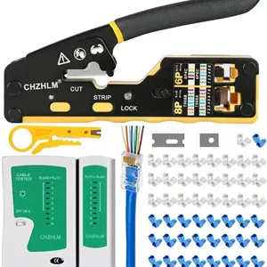 ابزار پرس RJ45 مدل CHZHLM، ابزار پرس، لخت کن و برش کابل اترنت RJ45، همه کاره برای 8P RJ45 Cat5e Cat6 Cat6a و کانکتورهای تلفن 6P RJ11/12 به همراه تستر کابل