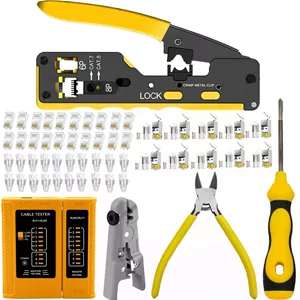 کیت ابزار پرس RJ45، ابزار پرس عبوری Cat7 Cat6A Cat6 Cat5e Cat5 RJ45 با 10 عدد کانکتور محافظ دار Cat7، 10 عدد روکش، 20 عدد کانکتور عبوری Cat6، 20 عدد روکش، تستر شبکه