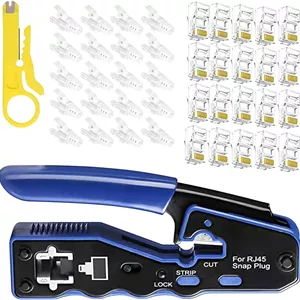 ابزار پرس RJ45، کیت ابزار پرس RJ45، ابزار پرس عبوری RJ45 با 50 عدد کانکتور عبوری CAT6، 50 عدد روکش محافظ RJ45 Cat6 و انبر سیم لخت کن کوچک