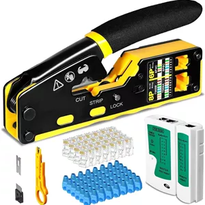 ابزار پرس RJ45 مدل X spring به همراه 50 عدد کانکتور CAT6، ایده آل برای تکنسین های شبکه و کاربران خانگی، مناسب برای ساخت کابل های سفارشی اترنت و تلفن