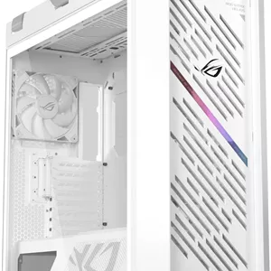 کیس گیمینگ ASUS ROG Strix Helios II GX601S EATX با طراحی شبکه الماسی آلومینیومی، 4 فن، مدیریت کابل عمودی، کنترلر ARGB، USB-C و دستگیره حمل - سفید