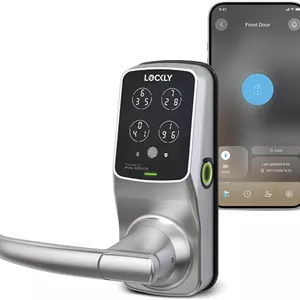 قفل هوشمند درب Lockly Secure Plus با بلوتوث، قفل درب ورودی بدون کلید با صفحه کلید دیجیتال، قفل درب جلو با حسگر اثر انگشت بیومتریک سه بعدی با دستگیره، کنترل صوتی و قفل خودکار - نسخه زبانه