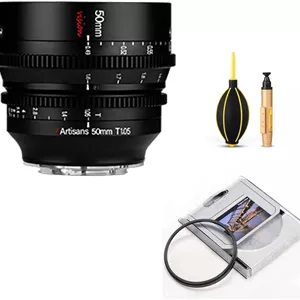 لنز سینمایی 7artisans 50mm T1.05 با زاویه دید عریض و دیافراگم باز، سازگار با دوربین های بدون آینه Sony E Mount، فوکوس دستی، اعوجاج کم، لنز مینی سینمایی مشکی.