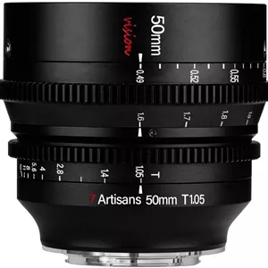 لنز سینمایی 7artisans 50mm T1.05 با زاویه دید عریض و دیافراگم باز، سازگار با دوربین های بدون آینه L-Mount، فوکوس دستی، اعوجاج کم، لنز مینی سینمایی مشکی.