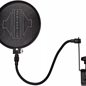 فیلتر پاپ شیلد توری نایلونی دو لایه SONTRONICS ST-POP، با گردن غازی انعطاف پذیر و گیره جهانی. صدای ناخوشایند ناشی از صامت های S، Z، SH و CH را کاهش می دهد. همراه با کارتریج یدکی. مشکی