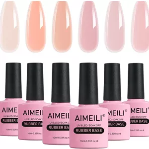 ژل بیس رابر بدون Hema AIMEILI برای ناخن، لاک ژل یو وی ال ای دی، تقویت کننده/بهبود دهنده/بیس کت/لاک ژل رنگی 4 در 1، ست 6 عددی 10 میلی لیتری - کیت 47