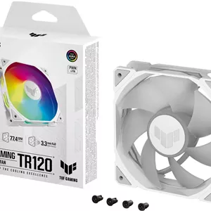 فن تیغه استاندارد ASUS TUF Gaming TR120 ARGB. فن های 120 میلی متری، سرعت فن تا 2000 دور در دقیقه، جریان هوای 76.3 CFM، سازگاری با Aura Sync، کنترل PWM، تک عددی، سفید | 90DA0093-B09000