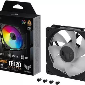 فن معکوس ایسوس TUF Gaming TR120 ARGB. فن های 120 میلی متری، سرعت فن تا 2000 دور در دقیقه، جریان هوای 76.3 CFM، سازگاری با Aura Sync، کنترل PWM، تک عددی، مشکی | 90DA00D0-B09000