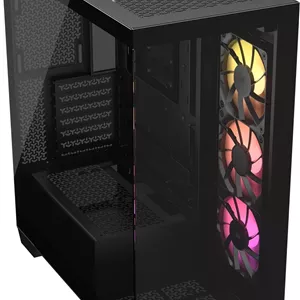کیس کامپیوتر CORSAIR 3500X ARGB Mid-Tower ATX – شیشه حرارت دیده پانوراما – سازگار با مادربرد اتصال معکوس – شامل 3 عدد فن CORSAIR RS120 ARGB – مشکی