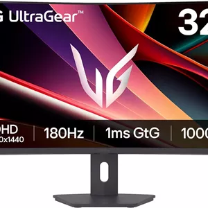 مانیتور گیمینگ خمیده 32 اینچی LG مدل 32G600A-B Ultragear QHD (2560 x 1440)، نرخ تازه‌سازی 180 هرتز، زمان پاسخ‌گویی 1 میلی‌ثانیه، AMD FreeSync، HDMI، DisplayPort، پایه قابل تنظیم ارتفاع/شیب/چرخش، مشکی