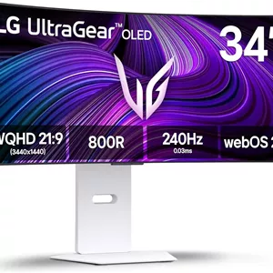 مانیتور گیمینگ خمیده 34 اینچی LG 34GX90SA-W Ultragear WQHD (3440 x 1440) OLED با نرخ تازه سازی 240 هرتز، زمان پاسخگویی 1 میلی ثانیه، سازگار با NVIDIA G-Sync، AMD FreeSync Premium، VESA DisplayHDR True Black 400، webOS، USB Type-C، سفید