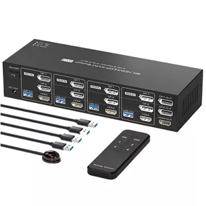 سوئیچ KVM با 2 پورت DisplayPort و HDMI برای 4 کامپیوتر و 3 مانیتور با رزولوشن 8K@60Hz و 4K@60Hz به همراه ریموت کنترل IR (دارای دوشاخه EU)