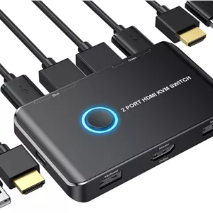 سوئیچ KVM HDMI دو پورت، سوئیچ USB و HDMI ایبل‌وی برای به اشتراک گذاری کیبورد، ماوس، پرینتر و یک مانیتور HD بین 2 کامپیوتر، پشتیبانی از UHD 4K@60Hz، همراه با 2 کابل USB و 2 کابل HDMI