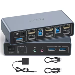 سوئیچ KVM دو پورت HDMI الکسوم با پورت های صدا و میکروفون - 2 مانیتور برای اشتراک گذاری 2 کامپیوتر، پشتیبانی از حالت سوئیچینگ دوگانه حالت کپی یا توسعه یافته 4K@60Hz 3 USB A 5Gbps، شامل کنترلر رومیزی، 2 کابل USB