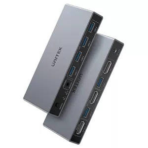 سوئیچ KVM دیسپلی پورت Unitek، یک مانیتور، دو کامپیوتر، USB 3.0، 8K@60Hz، سوئیچ KVM چهار پورت برای به اشتراک گذاری مانیتور، کیبورد، ماوس و هارد درایو بین 2 کامپیوتر، 5 گیگابیت بر ثانیه، 2 کابل USB A، آداپتور DC5V و کنترلر رومیزی