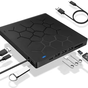 درایو DVD اکسترنال Funito، USB 3.0 CD DVD رایتر برای لپ تاپ، درایو دیسک نوری Type-C CD/DVD ROM  /-RW با 4 پورت USB و 2 اسلات کارت SD، فوق العاده باریک، برای مک، PC ویندوز 11/10/8/7 لینوکس