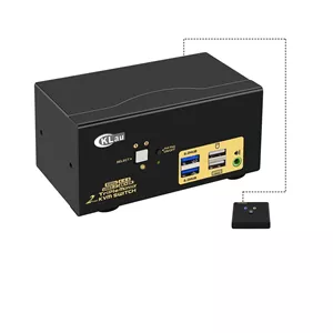 سوئیچ KVM دو پورت HDMI 4K@60Hz با سه مانیتور و صدا، همراه با کابل و 2 هاب USB 3.0 برای اشتراک گذاری کیبورد و ماوس بین 2 کامپیوتر، پشتیبانی از 3 مانیتور و 2 دستگاه جانبی، پشتیبانی از سوئیچینگ با کلید میانبر