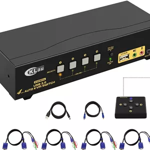 سوئیچ KVM چهار پورت USB VGA با فرکانس 450 مگاهرتز CKLau همراه با صدا و کابل، سوئیچ مانیتور برای چندین کامپیوتر، پشتیبانی از ویندوز، لینوکس، مک، دبیان، اوبونتو، فدورا، رزبری پای، اوبونتو