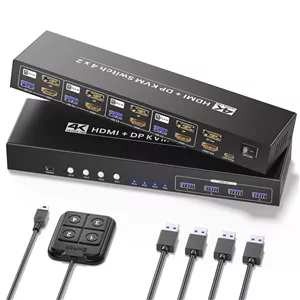 سوئیچ KVM چهار پورت USB 3.0 HDMIDisplayPort برای 2 مانیتور و 4 کامپیوتر، سوئیچ KVM دو مانیتوره HDMI DP 4K60Hz برای اشتراک گذاری 1 ست کیبورد، ماوس و 2 مانیتور بین 4 کامپیوتر