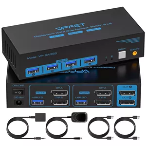 سوئیچ KVM دیسپلی پورت 8K@60Hz، دو مانیتور، دو کامپیوتر، پورت نمایشگر 4K@120Hz USB3.0، سوئیچ KVM دو مانیتوره برای اشتراک‌گذاری 2 صفحه نمایش و 1 مجموعه کیبورد، ماوس، پرینتر و یو دیسک با 2 کابل USB