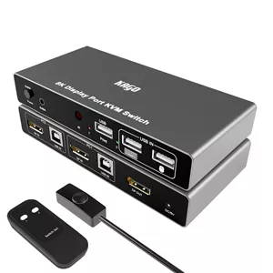 سوئیچ KVM دیسپلی پورت KAGO، 8K@60Hz 4K@144Hz DP KVM سوئیچ 1 مانیتور 2 کامپیوتر به اشتراک گذاری 3 USB2.0 کیبورد ماوس پرینتر، برای بازی های ورزشی، گرافیک سه بعدی، ریموت IR، کابل Displayport و USB