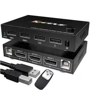 سوئیچ KVM دیسپلی‌پورت KCEVE، سوئیچ 2 پورت USB 4K@60Hz KVM برای اشتراک‌گذاری کیبورد، ماوس و یک مانیتور HD بین 2 کامپیوتر، همراه با کابل‌های HDMI و کابل‌های USB