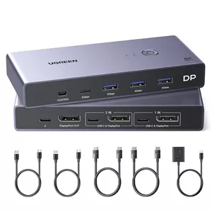 سوئیچ KVM دیسپلی‌پورت 8K یوگرین 2 به 1 با 4 پورت USB 3.0 (3 USB-A1 USB-C) پشتیبانی از 8K@60Hz 4K@240Hz اشتراک‌گذاری 1 مانیتور، کیبورد، ماوس، یو-دیسک، پرینتر، همراه با 2 کابل DP، 2 کابل USB A به C