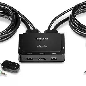 سوئیچ KVM دو پورت 4K HDMI ترندنت مدل TK-216i با صدا، 4K UHD (3840 x 2160@60Hz، بلندگو/میکروفون 3.5 میلی‌متری، سوئیچ USB برای 2 کامپیوتر، USB 2.0، HDMI 2.0، پشتیبانی از صدای HDMI 5.1، سوئیچ اشتراک‌گذاری USB مانیتور