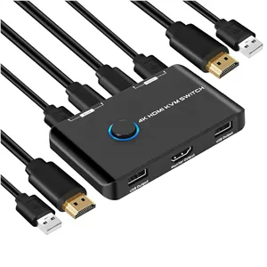 سوئیچ KVM دو پورت HDMI 4K@60Hz، انتخابگر سوئیچ USB HDMI برای اشتراک گذاری ماوس، کیبورد و مانیتور بین 2 کامپیوتر، شامل 2 کابل USB و 2 کابل HDMI