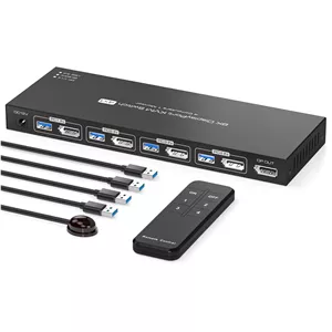 سوئیچ KVM دیسپلی‌پورت 8K برای 4 کامپیوتر، 1 مانیتور 4K144Hz، اشتراک‌گذاری 4 پورت KVM بین 1 مانیتور و 4 دستگاه USB 3.0 با پشتیبانی از حالت Extended/Copy