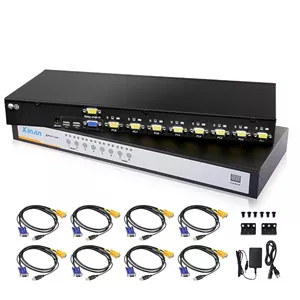 سوئیچ KVM هشت پورت USB VGA با قابلیت نصب در رک 1U به همراه 8 کابل USB VGA - 2048 x 1536 DDC2B، پشتیبانی از دکمه های پنل/کلیدهای میانبر/منوی OSD/جابجایی ماوس، اسکن خودکار، کنترل تا 8 کامپیوتر
