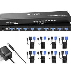 سوئیچ KVM وی‌جی‌ای ۸ پورت MT-VIKI، قابل نصب در رک، شامل ۸ کابل وی‌جی‌ای KVMکنترلر رومیزی سیمیگوشه‌های رک