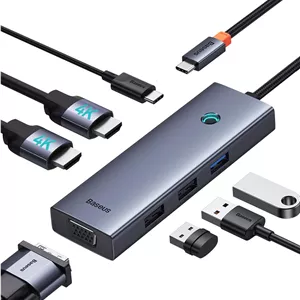 هاب USB C بیسوس، داک استیشن دوگانه 4K با نمایشگر سه گانه، آداپتور 7 در 1 با 2 پورت HDMI، VGA، USB3.0، USB2.0، داک 100W PD برای MacBook/Dell/HP/Surface/Lenovo/Steam Deck