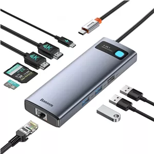 هاب USB C بیسوس با نمایشگر دوگانه 4K HDMI، ایستگاه داکینگ 9 در 1 با 2 خروجی HDMI مانیتور دوگانه، گیگابیت اترنت، 100W PD، کارت خوان SD/TF، 3 پورت USB، آداپتور چند پورت USB C برای MacBook/Dell/HP/Surface/Lenovo