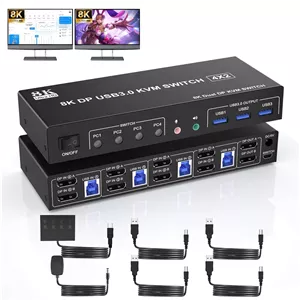 سوئیچ KVM دیسپلی پورت USB 3.0 با رزولوشن 8K@60Hz، دو مانیتوره، 4 کامپیوتر، سوئیچ KVM دو مانیتوره با خروجی صدا و 3 پورت USB 3.0، سوئیچ KVM دیسپلی پورت دو مانیتوره 4 پورت برای 4 کامپیوتر