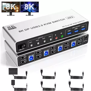 سوئیچ KVM دیسپلی پورت USB3.0 با رزولوشن 8K@60Hz، دو مانیتوره، 4 کامپیوتر، سوئیچ KVM دیسپلی پورت 4 پورت DP1.4 دو مانیتوره با صدا، میکروفون و 3 پورت USB3.0، سوئیچ KVM دیسپلی پورت دو مانیتوره برای 4 کامپیوتر