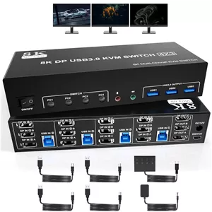 سوئیچ KVM دیسپلی پورت USB3.0 با کیفیت 8K@60Hz، پشتیبانی از 3 مانیتور و 4 کامپیوتر، سوئیچ KVM سه مانیتوره DP1.4 با خروجی میکروفون صدا و 3 پورت USB3.0، مشکی، سوئیچ دستی