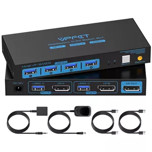 سوئیچ KVM دیسپلی پورت 8K@60Hz، 1 مانیتور، 2 کامپیوتر، USB 3.0 DP1.4، پورت نمایشگر سوئیچ KVM برای به اشتراک گذاری یک صفحه نمایش، ماوس، کیبورد و 2 لوازم جانبی اضافی بین دو کامپیوتر