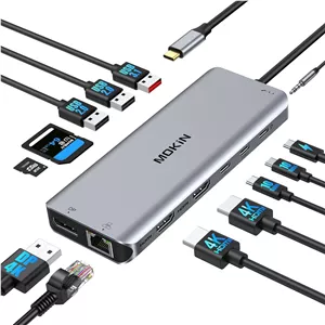 ایستگاه اتصال لپ تاپ USB C، مانیتور دوگانه، دو HDMI 4K DP، هاب نمایشگر سه گانه 10G، هاب 13 در 1 MOKiN USB C با 3 مانیتور، Displayport، USB3.1، RJ45، PD 100W، کارت خوان، صدا/میکروفون، برای Dell HP Lenovo