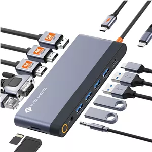 ایستگاه اتصال NOVOO، هاب USB C با دو خروجی HDMI 4K 60Hz، درگاه نمایش، VGA، گیگابیت اترنت، PD 100W، پنج درگاه USB، SD/TF و صدای 3.5 میلی‌متری، ایستگاه اتصال برای MacBook HP Lenovo Dell