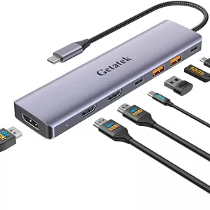 هاب USB C 10Gbps، ایستگاه اتصال لپ تاپ، ایستگاه اتصال نمایشگر سه گانه 7 در 1 با دو HDMI، DisplayPort، PD 100W، 2 USB 3.2، پورت USB C 3.2 برای Dell Hp Lenovo Surface Windows