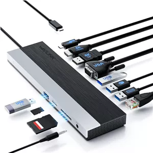 ایستگاه اتصال USB-C با پشتیبانی از 3 مانیتور، ایستگاه اتصال WAVLINK با HDMI، DP، VGA، شارژ 100 واتی PD، USB3.0 و 2.0، RJ45، اسلات های SD/TF، صدا/میکروفون برای Lenovo/HP/Dell و غیره - خاکستری