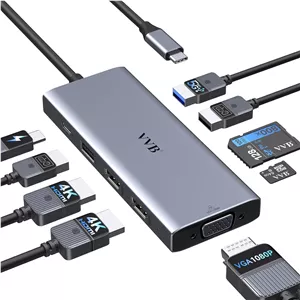 ایستگاه اتصال USB-C با دو خروجی مانیتور HDMI برای Dell HP Lenovo، ایستگاه اتصال لپ تاپ با 3 مانیتور، هاب USB-C با آداپتورهای متعدد شامل 2 خروجی HDMI 4K VGA  شارژر PD 100W3 پورت USBکارت خوان SD/TF