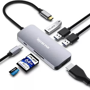 ایستگاه اتصال لپ تاپ USB C، آداپتور هاب چند پورت 7 در 1 Type C با 3 مانیتور (دوگانه HDMI، VGA، PD، اترنت، SD/TF، پورت های USB C/A، میکروفون/صوتی) سازگار برای لپ تاپ های MacBook/Dell/HP/Lenovo